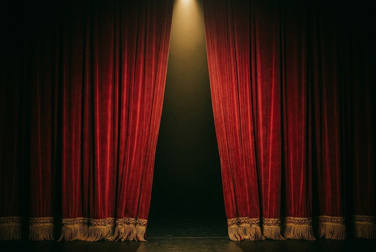 Roter Theatervorhang öffnet sich zur beleuchteten Bühne